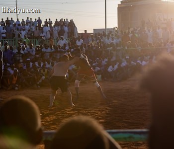 A vibrant wrestling match taking place outdoors, surrounded by a large crowd of spectators. The atmosphere is charged with excitement as people stand and sit around the dirt arena, intently watching the competitors. The sun is setting, casting a warm glow over the scene.